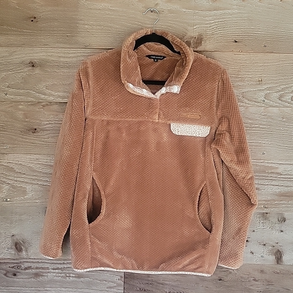 Simply Southern Quarter Button Pullover with Pockets Leopard Trim Size Small